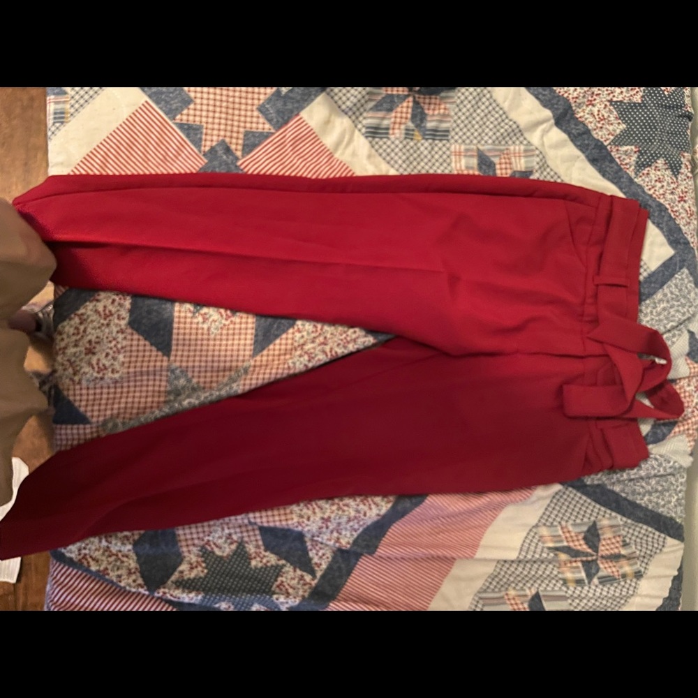 Red dressy pants with fabric belt
